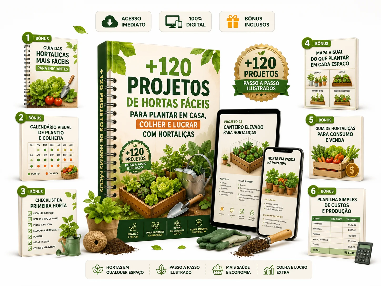 +120 Projetos de Hortas Fáceis, guia digital com bônus inclusos